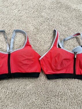 Victoria's Secret Red and Gray Front-Zip Mesh Sports Bra